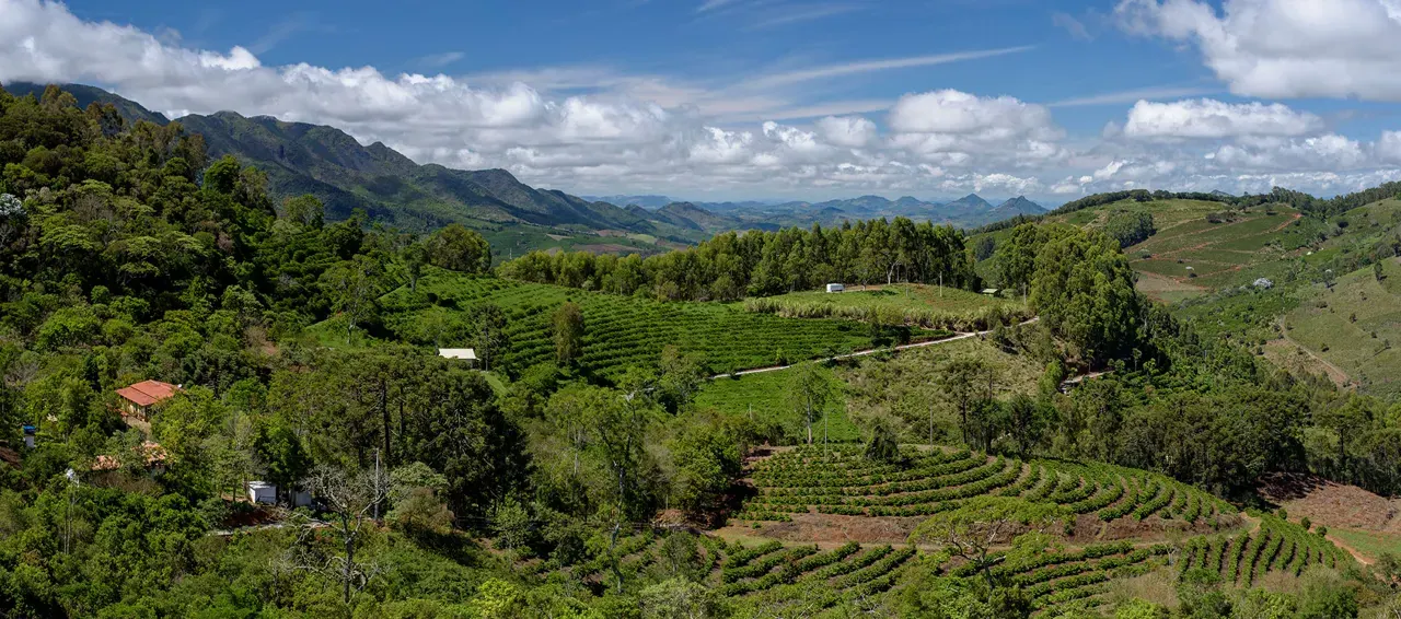 Paisagem verde das montanhas vista da Pousada Água Marinha